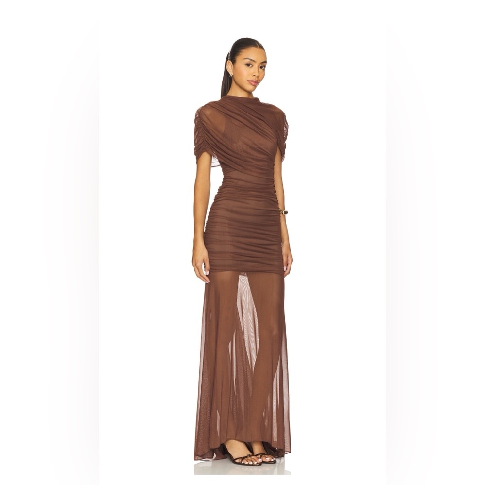 Revolve x Amanda Uprichard - Brown Mesh Ruched Maxi Dress - Picture 3 of 5